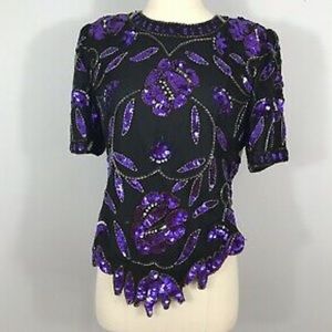 Vintage Laurence Kazar Sequin Silk Beaded Floral Purple and Black -